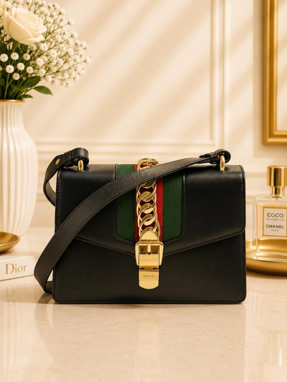 Authentic Gucci Sylvie Leather Shoulder Crossbody Bag Web Stripe Black